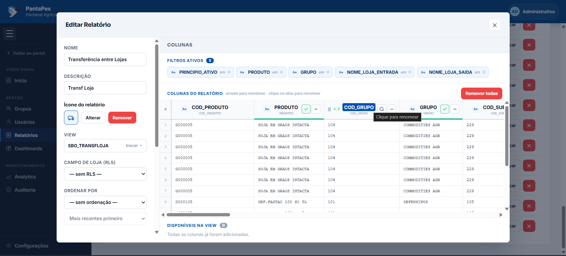 Editor de relatório no PantaPex, mostrando a configuração de colunas vindas de uma view do SAP HANA e filtros ativos